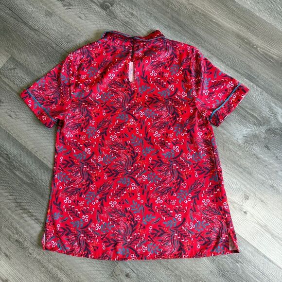 Modcloth Red Floral Collar Top Short Sleeve Small Keyhole Closure - Picture 7 of 12